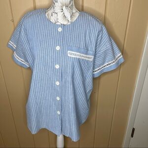 California Girl Vintage Button Down Top short sleeve Blue White Stripe USA Sz 14